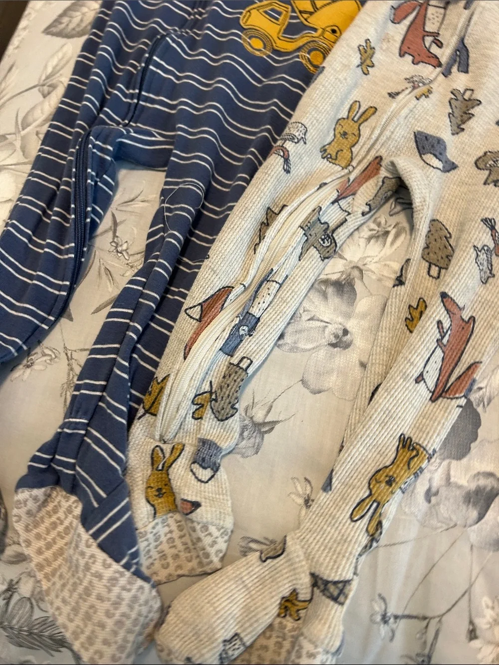 Kids One-Piece Footed Pajamas in Cream and Blue - Cozy Sleepwear- 24 month